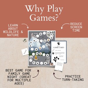 May include: A board game with a wolf theme. The game board features a mountain scene with a campfire and paw prints. The game card says "Wolf Game Card". The text on the image says "Why Play Games?" and lists reasons to play games, such as "Learn about wildlife & nature", "Best game for family game night (great for multiple ages)", "Practice turn-taking", and "Reduce screen time".