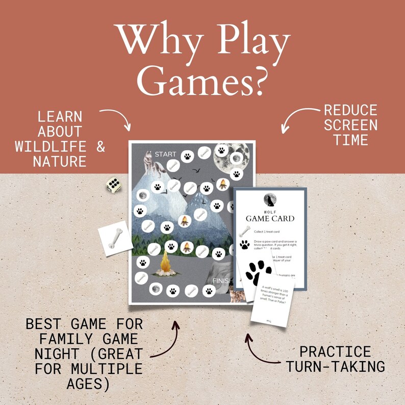 May include: A board game with a wolf theme. The game board features a mountain scene with a campfire and paw prints. The game card says "Wolf Game Card". The text on the image says "Why Play Games?" and lists reasons to play games, such as "Learn about wildlife & nature", "Best game for family game night (great for multiple ages)", "Practice turn-taking", and "Reduce screen time".