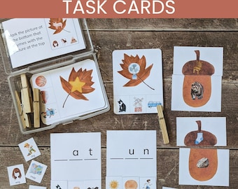 Montessori Rhyming Words Cards, Fine Motor Task Box Printable, Phonemic Awareness Games, Fall Phonics Preschool Busy Box CVC Word Activities