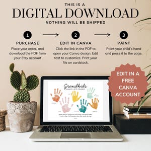 May include: A digital download instruction graphic for a customisable handprint art template. The text reads: THIS IS A DIGITAL DOWNLOAD, NOTHING WILL BE SHIPPED, PURCHASE, EDIT IN CANVA, PAINT, and EDIT IN A FREE CANVA ACCOUNT. The template shows Grandkids Make Life Grand with colourful handprints.