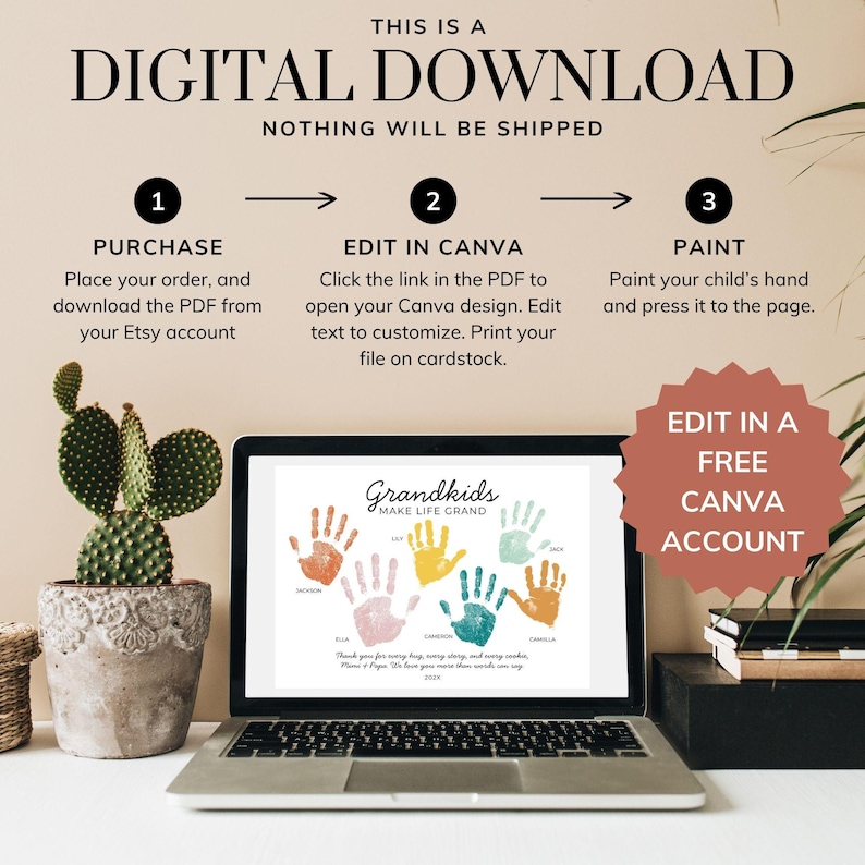 May include: A digital download instruction graphic for a customisable handprint art template. The text reads: THIS IS A DIGITAL DOWNLOAD, NOTHING WILL BE SHIPPED, PURCHASE, EDIT IN CANVA, PAINT, and EDIT IN A FREE CANVA ACCOUNT. The template shows Grandkids Make Life Grand with colourful handprints.
