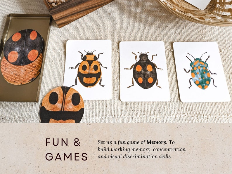 May include: A set of six illustrated cards featuring colorful ladybugs with black spots. The cards are part of a memory game designed to build working memory, concentration, and visual discrimination skills. The text "FUN & GAMES" is printed on a brown background.