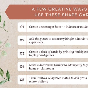 May include: A brown rectangle with rounded corners contains the text "A FEW CREATIVE WAYS TO USE THESE SHAPE CARDS". Five numbered steps are listed below the title, each with a description of how to use shape cards in a creative way.