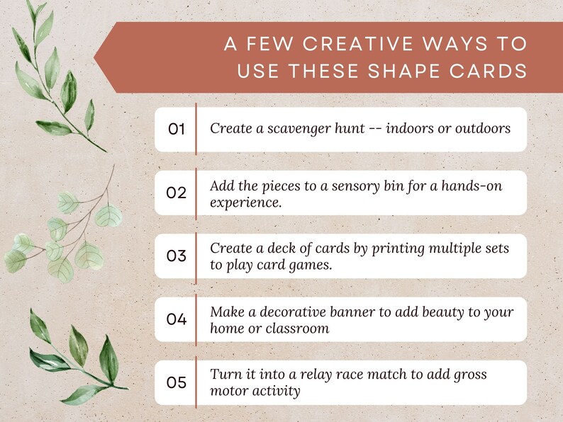 May include: A brown rectangle with rounded corners contains the text "A FEW CREATIVE WAYS TO USE THESE SHAPE CARDS". Five numbered steps are listed below the title, each with a description of how to use shape cards in a creative way.