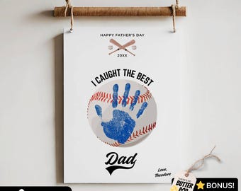 Fathers Day Handprint Baseball from Baby, I Caught The Best Dad Hand Print Craft Printable, Fathers Day Gift from Toddler for Sports Dad Art