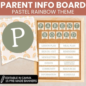 Op de afbeelding: Een prikbord met een houten frame, met het opschrift "PARENT BOARD" in een pastel regenboog thema. Inclusief een banner met een grote "P" en een lijst met informatiecategorieën. De tekst "EDITABLE IN CANVA 15 PRE-MADE BANNERS" is ook zichtbaar.