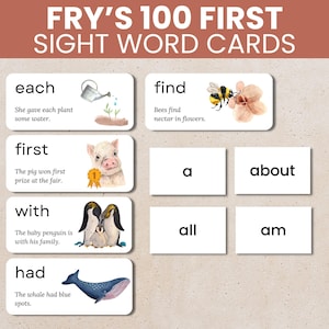 First 100 Sight Words Sentence Flashcards Printable, High Frequency Word Activity Kindergarten, Early Reading Game for Kids, Homeschool Frys