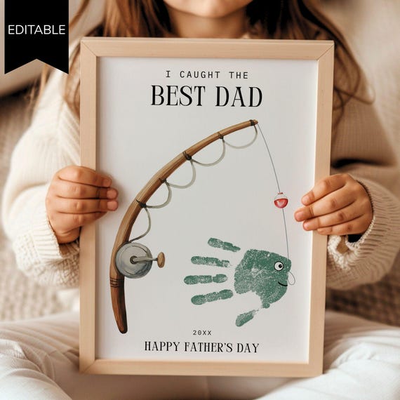 Editable Fathers Day Handprint Fishing Art, Caught the Best Dad Gift Idea from Kids, DIY Hand Print Craft Keepsake Printable Template Canva