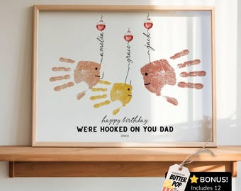 Happy Birthday Dad Handprint Art from 1 2 or 3 Kids, Custom Fishing Hand Print Craft from Toddler, Hooked on Daddy Birthday Craft Papa Gift
