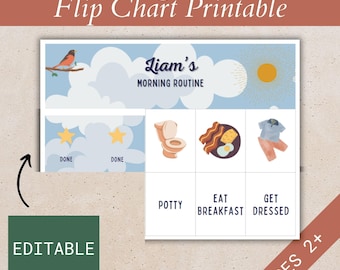 Op de afbeelding: Een printbare ochtendroutinekaart voor peuters met een blauwe lucht met wolken, een zon, een vogel en pictogrammen voor toilet, ontbijt en aankleden. De kaart is bewerkbaar en bevat de tekst "Liam's Morning Routine" en "Ages 2+".
