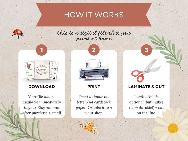 May include: A three-step guide to creating printable alphabet flashcards. Download the digital file, print it on letter or A4 cardstock, and laminate and cut out the flashcards.