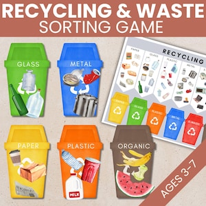 May include: A colorful educational game for kids ages 3-7 to learn about recycling and waste sorting. The game features six different bins for glass, metal, paper, plastic, organic waste, and e-waste. Each bin has a picture of the type of waste it is for, and there are also pictures of different items that can be recycled or thrown away.
