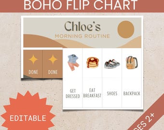 Op de afbeelding: Een printbare flipchart in boho-stijl voor kinderen om te gebruiken als checklist voor de ochtendroutine. De kaart heeft een lichtbruine achtergrond met een tan en witte zonafbeelding. De kaart heeft vier secties met afbeeldingen en tekstlabels: aankleden, ontbijt eten, schoenen en rugzak. De kaart is gelabeld "Chloe's Morning Routine" en is bewerkbaar. De kaart is gelabeld "Ages 2+"
