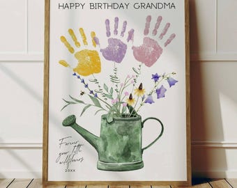 Custom Happy Birthday Grandma Handprint from 1 2 or 3 Kids, Floral Bouquet Handprint Art for Nana, Personalized DIY Mimi Gifts, Flower Print