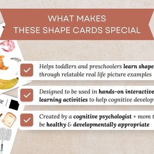 May include: A set of colorful shape cards with illustrations of real-life objects. The cards feature the words "Crescent" and "Square" and are designed to help toddlers and preschoolers learn shapes through relatable examples. The text "WHAT MAKES THESE SHAPE CARDS SPECIAL" is at the top of the image.