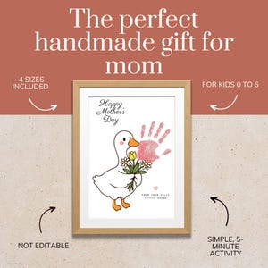 May include: Framed artwork with a cartoon goose holding flowers and a handprint. The text reads "Happy Mother's Day" and "From Your Silly Little Goose." The frame is light brown, and the background is a light beige.