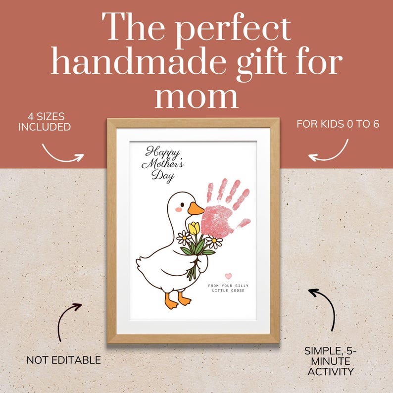 May include: Framed artwork with a cartoon goose holding flowers and a handprint. The text reads "Happy Mother's Day" and "From Your Silly Little Goose." The frame is light brown, and the background is a light beige.