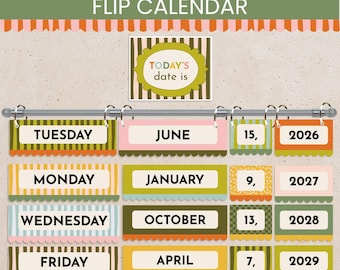 Perpetual Flip Calendar Classroom Display Printable, Editable Daily Kindergarten Calendar Template, Whimsical Classroom Decor Kids Numbers