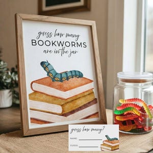 Guess How Many Bookworms Guessing Game Sign & Cards, Bookish Party Games Printable, Our Next Chapter Baby Shower Activity, Many In The Jar
