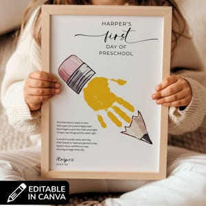Lápiz con huella de mano para el primer día de preescolar, Arte con huella de mano para el primer día de clases, Letrero con poema y huella de mano para el regreso a clases, Canva de recuerdo para preescolar