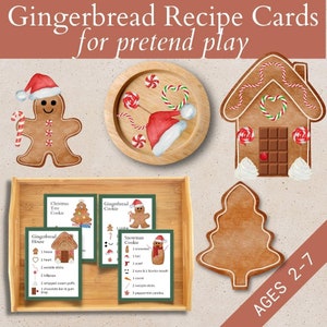 Jeu dramatique de boulangerie en pain d'épice à imprimer, cartes de recettes de biscuits pour enfants, papiers découpés pour faire semblant de maison, activité de séquençage pour Noël