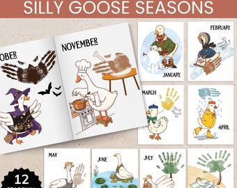 Silly Goose Monthly Handprint Memory Book Printable, Fall Handprint Craft for Toddlers, Baby Seasonal Handprint Keepsake Book for Parents