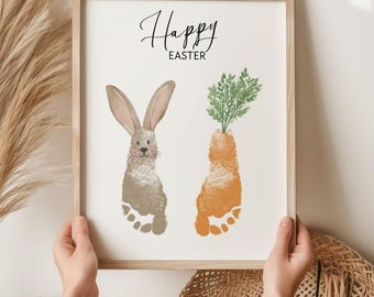 Easter Bunny Footprints Art Printable for Kids, Baby Carrot Foot Print Craft, Easter Handprint Template, Toddler Daycare Activity Keepsake