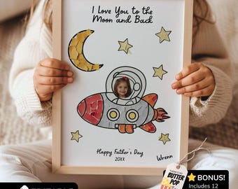 Fathers Day Torn Paper Art Printable, I Love You to the Moon and Back Tissue Paper Craft, Gift for Dad from Toddler, Daycare Motor Activity