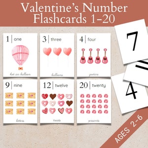 Cartes flash avec numéros de salle de classe, objets de manipulation mathématiques pour la Saint-Valentin, cartes de mathématiques Montessori pour les tout-petits, imprimables mathématiques préscolaires, compter des objets