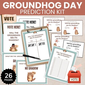Trousse de prédictions du jour de la marmotte, activités à imprimer, Punxsutawney Phil Groundhog Shadow cartes de vote, ressources pour l'enseignant du primaire, jeux scientifiques