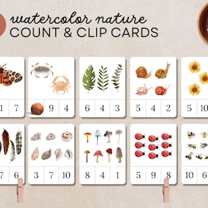 Contagem de números da natureza e cartões de clipe, jogo de prendedor de roupa para impressão, manipuladores matemáticos Montessori para crianças, atividade matemática pré-escolar, contagem
