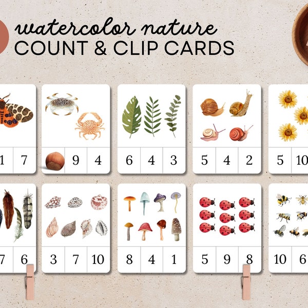 Nature Number Count and Clip Cards, Clothespin Game Printable, Montessori Math Manipulatives for Toddlers, Preschool Math Activity, Counting