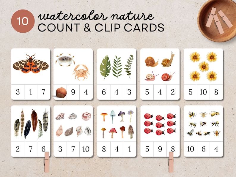 Nature Number Count and Clip Cards, Clothespin Game Printable, Montessori Math Manipulatives for Toddlers, Preschool Math Activity, Counting image 1