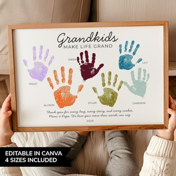 Grandkids Make Life Grand with Names Printable, Grandparents Day Handprint Craft, Grandma Grandpa Gifts to Make, DIY Keepsake Art Gigi Mimi