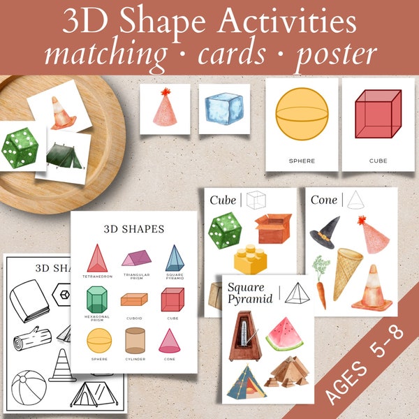 3D Shapes Flashcards Printable, Shape Matching Activities Kindergarten, Hands On Learning Shape Sorting, Digital Montessori Geometry for Kid