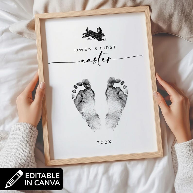 My First Easter Footprint Keepsake, Baby Footprint Template, Personalized Nursery Wall Art Printable, Infant Easter Bunny Craft with Name image 1