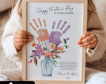 Stepmother Handprint Poem Printable, Personalized Mothers Day Gift for Stepmom from Kids, Stepmom Wall Art, Best Bonus Mom Gift Flower Craft
