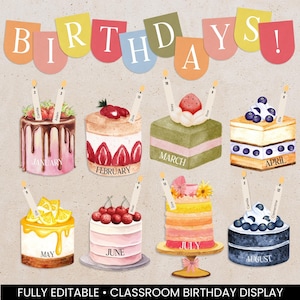 May include: A classroom birthday display featuring the word BIRTHDAYS! in colorful pennants above eight illustrated cakes representing months from January to August. Each cake includes candles with names and dates, and the text FULLY EDITABLE CLASSROOM BIRTHDAY DISPLAY.