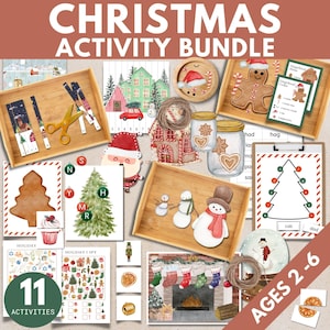 Puede incluir: Un paquete de actividades navideñas para niños de 2 a 6 años con 11 actividades. Las actividades incluyen un rompecabezas de casa de jengibre, un rompecabezas de muñeco de nieve, un rompecabezas de árbol de Navidad, un juego de 'yo veo, yo veo' de temática navideña, y más.