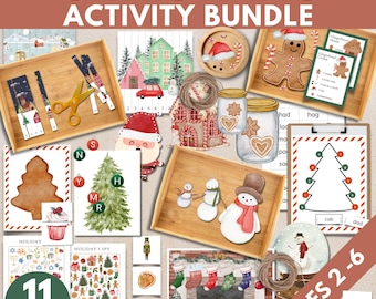 May include: A Christmas activity bundle for ages 2-6 with 11 activities. The activities include a gingerbread house puzzle, a snowman puzzle, a Christmas tree puzzle, a holiday I spy game, and more.