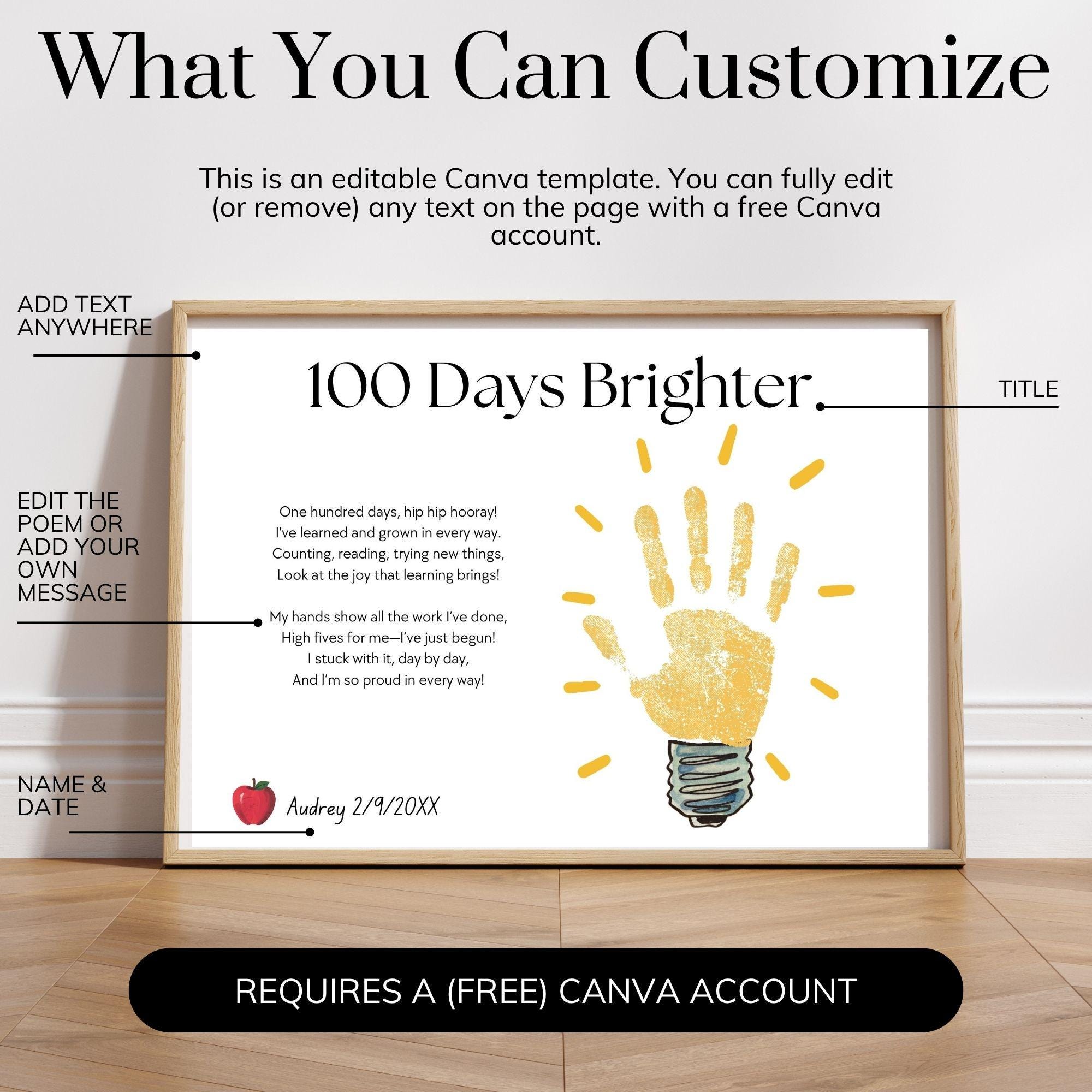100 Days Brighter Handprint Art Poem, 100th Day of School Activity ...
