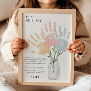 Blumen Handabdruck Kunst Geburtstag druckbar, alles Gute zum Geburtstag Handabdruck Vorlage, Blumenstrauß Handabdruck Gedicht Geschenk von Enkelkinder, Basteln für Kleinkinder