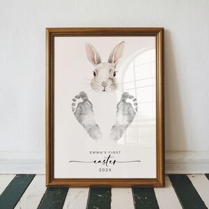 Huella de Pascua para bebé, manualidad imprimible editable, conejito de Pascua de acuarela, decoración de pared personalizada para habitación infantil, regalo de recuerdo DIY para bebé.