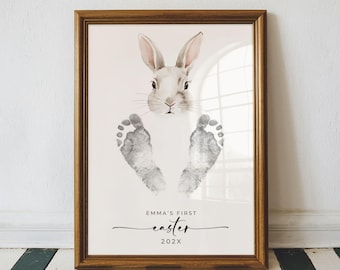 Editable Babys First Easter Footprint Craft Printable, Watercolor Easter Bunny Personalized Nursery Wall Art Decor, DIY Keepsake Gift Infant
