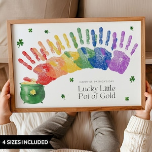 Pot met goud regenboog handafdruk kunst afdrukbare, St Patricks Day handafdruk bord kleuterschool, DIY maart ambachtelijke ideeën voor kinderen, St Pattys-activiteit