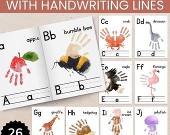 Alphabet Handprint Art Printable, Learn to Write Letter Crafts Preschool, A-Z Handwriting Book Hand Lettering Practice, ABC Wall Hanging