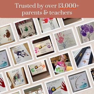 May include: A collection of framed art prints featuring handprint and footprint crafts, including designs with fishing themes, measuring tapes, and text such as 'Best Dad' and 'First Day of Kindergarten', all displayed against a light background.