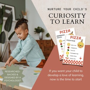 May include: Two colorful printable pizza cards with the text "Pizza Pepperoni Patch" and "Pizza Pizza Face". The cards feature illustrations of pizza toppings and a smiling pizza face. The text "Nurture Your Child's Curiosity To Learn" is at the top of the image. A young boy is playing with the cards on a table.