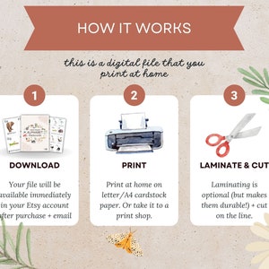 May include: A three-step guide to creating printable alphabet flashcards. Download the digital file, print it on letter or A4 cardstock, and laminate and cut out the flashcards.