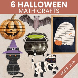 Puede incluir: Manualidades de matemáticas con temática de Halloween para niños de 3 a 6 años. La imagen presenta una calabaza, un murciélago, un caldero, un fantasma y dos gatos, cada uno dividido en secciones numeradas.